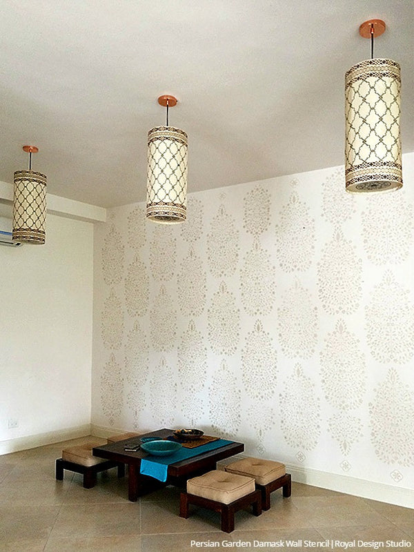 Indian Home Decor Project using Chalk Paint and Large Flower Wallpaper Wall Stencils - Royal Design Studio