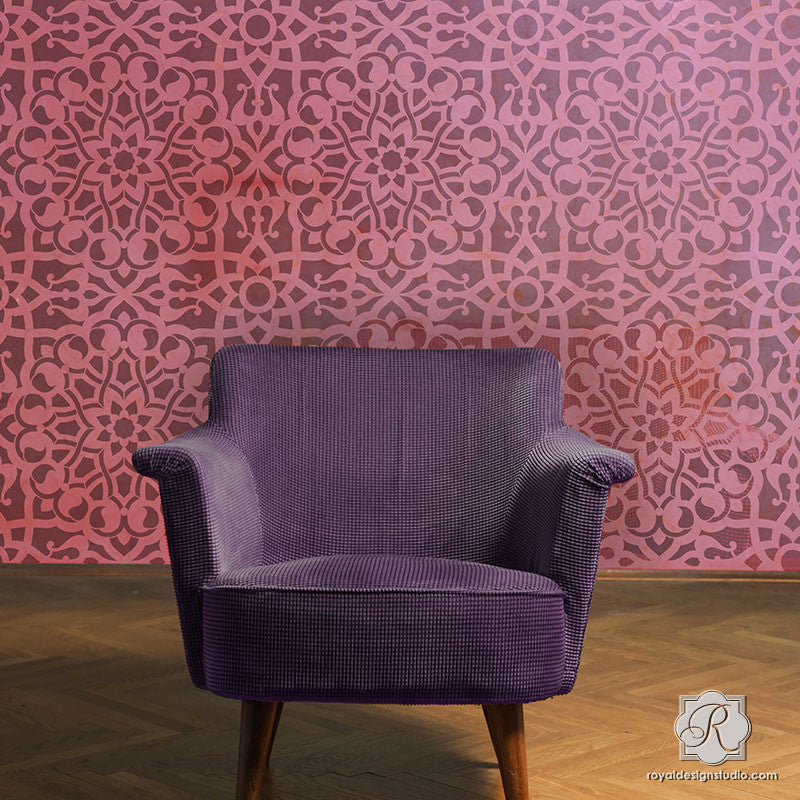 Boho Chic Pink Wallpaper Decorating - Zahara Moroccan Wall Stencils - Royal Design Studio