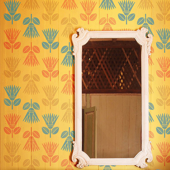 Colorful Wallpaper Look Created by African Floral Wall Stencils - Royal Design Studio