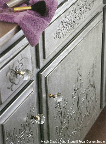 DIY Painted Furniture Projects and Embossed Plaster - Micah Classic Panel Stencils - Royal Design Studio
