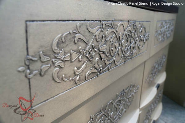 DIY Painted Furniture Projects and Embossed Plaster - Micah Classic Panel Stencils - Royal Design Studio