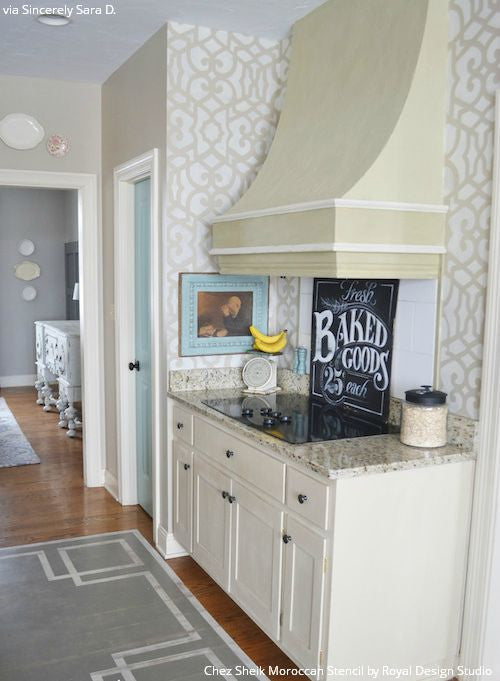 Neutral Chic Kitchen Makeover and Wall Decor - Chez Sheik Moroccan Wall Stencils - Royal Design Studio