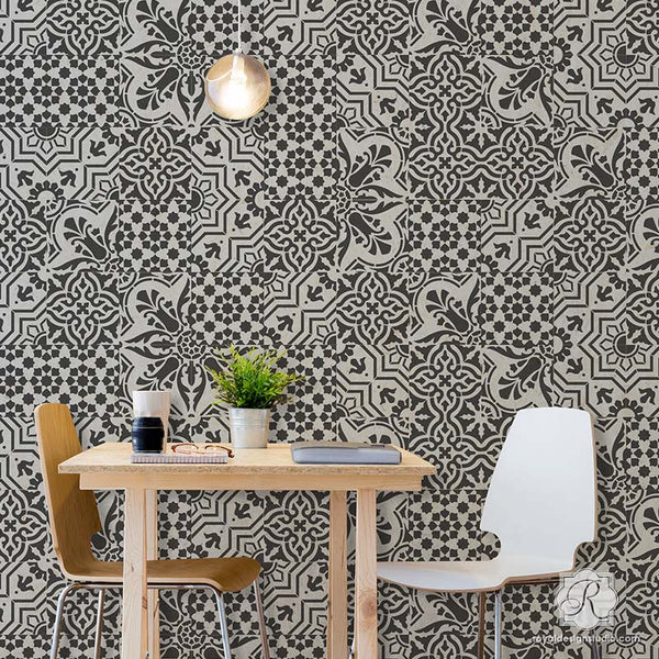 Room Makeover with Painted European Tile Designs for Painting Pattern on Walls and Floors - Spanish Tile Stencils - Royal Design Studio