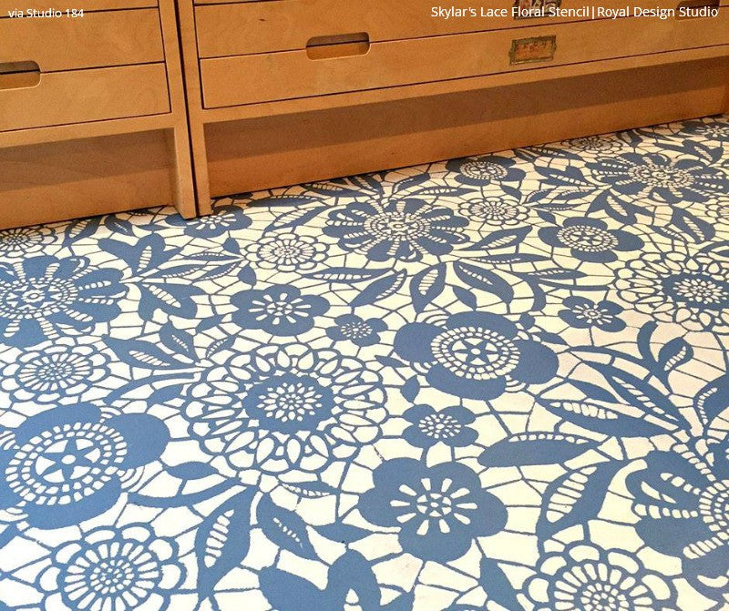 DIY Painted Hardwood Floor Project using Skylars Lace Floral Stencils and Chalk Paint - Royal Design Studio
