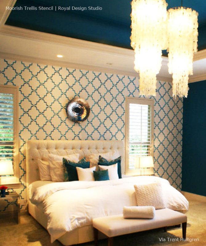 White and Blue Master Bedroom Decor - Moorish Trellis Accent Wall Stencils by Royal Design Studio