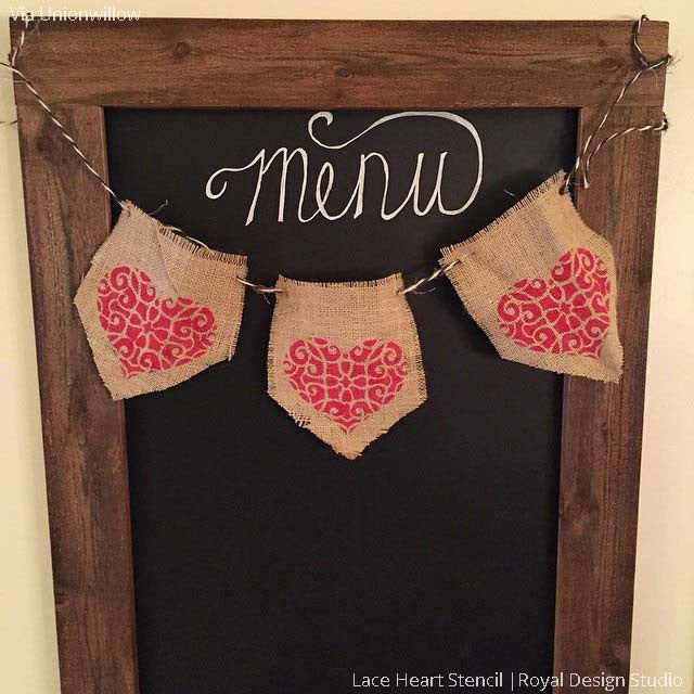 Lace Heart Wall Stenciled on Burlap Sign Crafts - Royal Design Studio