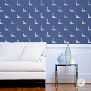 Blue Wallpaper Look - Cute Bird Wall Stencils for Decorating Home Decor with Swan Patterns - Royal Design Studio